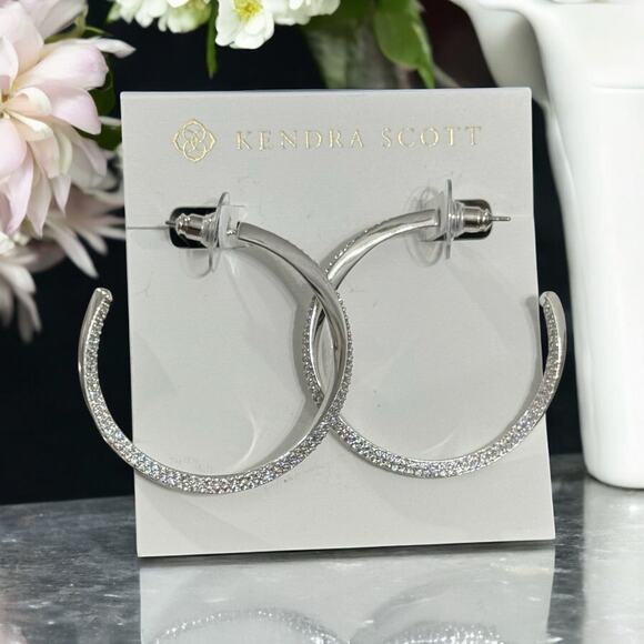 NWT! Kendra Scott Ella Silver Twist Hoop Earrings in White CZ - Picture 1 of 5